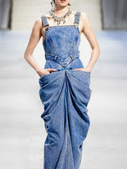 Fashion Buckle Sleeveless Ruched Design Denim Maxi Dress
