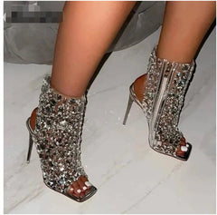 Crystal/rivet Zipper Sandals Stage Nightclub Silver High Heels