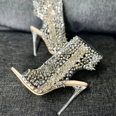 Crystal/rivet Zipper Sandals Stage Nightclub Silver High Heels