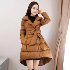 Long Padded Cotton High Low Parka With Belt