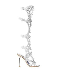 Transparent PVC Full Crystal Rhinestone Gladiator Stiletto Heels Slingback Knee High Sandals Boots