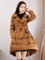 Long Padded Cotton High Low Parka With Belt