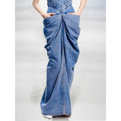 Denim Pockets w/Strap Sleeveless Ruched Long Dress