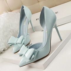 Side Hollow Soft Leather Bowtie Pointed Toe High Heels