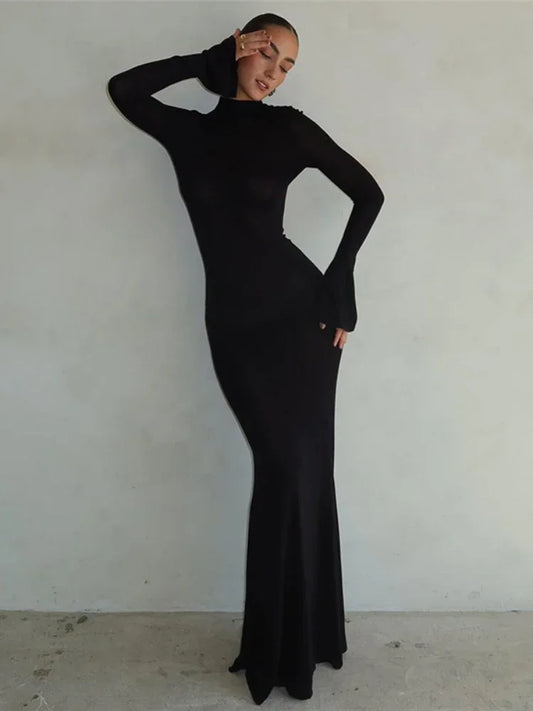 Backless Sexy Maxi Long Sleeve Bodycon Black Dress