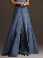 Denim Vintage Square Collar High Waisted Maxi Dress