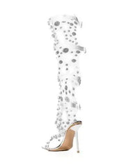 Transparent PVC Full Crystal Rhinestone Gladiator Stiletto Heels Slingback Knee High Sandals Boots