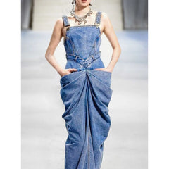 Denim Pockets w/Strap Sleeveless Ruched Long Dress