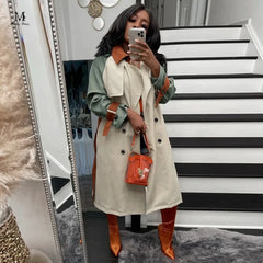 Long Sleeve Belt Patchwork Loose Trench Coat