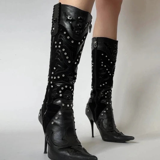 Embroidered Cowboy Boots Rhinestone Detail Pointed Toe Stiletto Heels