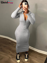 Hooded Long Sleeve Maxi Bodycon Dress