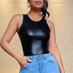 🔥 Y2K Sexy Black Leather Crop Top – Slim Fit Tank for Club, or Party Fashion! 🔥