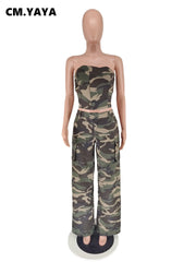 Camouflage Strapless Crop Top and Wide Leg Pants Set