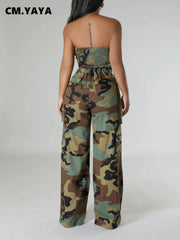 Camouflage Strapless Crop Top and Wide Leg Pants Set