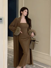 Casual Cardigan Long Loose Knitted Solid Color Two-piece Set