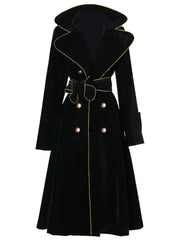 Long Black Double Breasted  Trench Coat for Women with Gold Trim Sashes