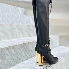 Strappy Hollow Buckle Decoration Black Over Knee Boots 1