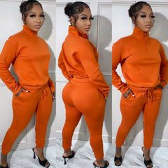 Fleece Zipper Long Sleeve Pullover Top w/Jogger Pants Set