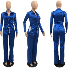 Elegant Satin 2 Piece Set Women Sexy Button Long Sleeve Lace Up Shirt Top + Drawstring Pants