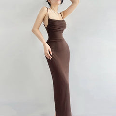 Solid Color Slim Pleat Design Maxi Dress