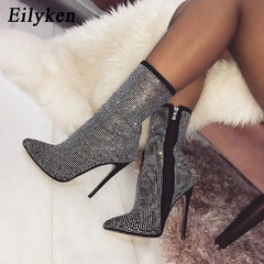 Crystal Rhinestones Woman Ankle Boots Zipper Pointed Toe High Heels