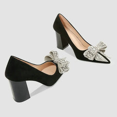 Black Suede Rhinestone Bow High Heels