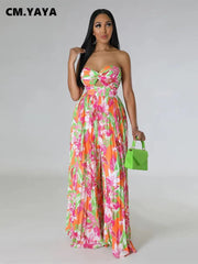 Flower Strapless Pleated Wide Leg Straight Jumpsuit