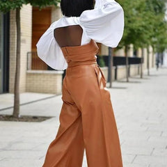 PU Leather Women Solid Off Shoulder Elegant Wide Leg Jumpsuit