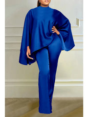 Satin Two Piece Solid Loose Batwing Sleeves Top & Wide Leg Pants Set