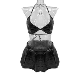 Women Plus Size Faux Leather Black Lingerie Set Sexy Halter V-Neck Backless Bra Mini Pleated Skirt Porn Exotic Night Clubwear#g5