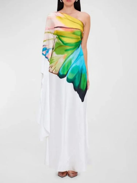 Flower Printed Maxi One-shoulder High Waist A-line Dress