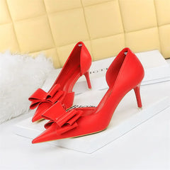 Side Hollow Soft Leather Bowtie Pointed Toe High Heels