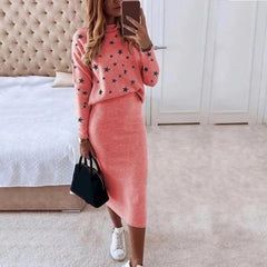 Knitted Pullover Skirt Two Piece Set