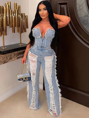 Tassel Hollow Out  Overalls Studded Diamond Strapless Backless Jumpsuit