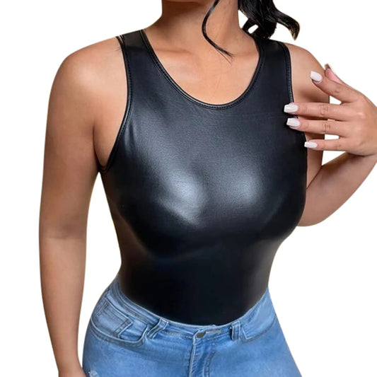 🔥 Y2K Sexy Black Leather Crop Top – Slim Fit Tank for Club, or Party Fashion! 🔥