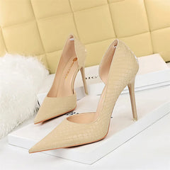 Snake Print Pointy Toe Sexy Side Hollow Stiletto High Heels