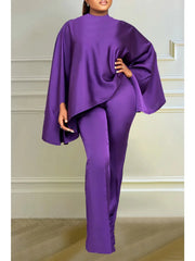 Satin Two Piece Solid Loose Batwing Sleeves Top & Wide Leg Pants Set