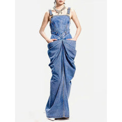 Denim Pockets w/Strap Sleeveless Ruched Long Dress