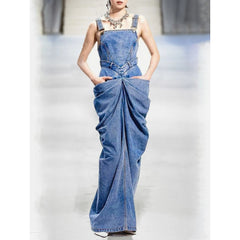 Denim Pockets w/Strap Sleeveless Ruched Long Dress