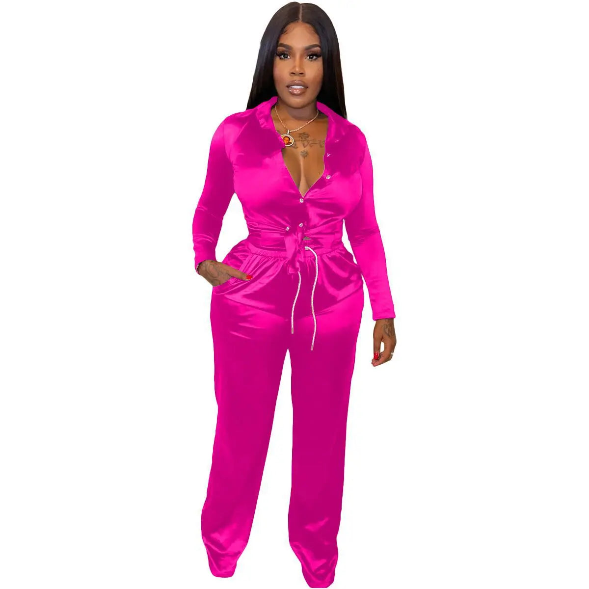 Elegant Satin 2 Piece Set Women Sexy Button Long Sleeve Lace Up Shirt Top + Drawstring Pants