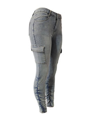 High Waist Plain Stacked Side Pocket Blue Jeans