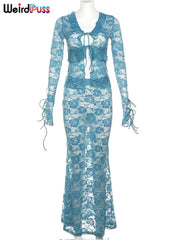 Lace Sheer Women 2Piece Set Bandage Ruffles Cardigan+Mermaid Skirt Set