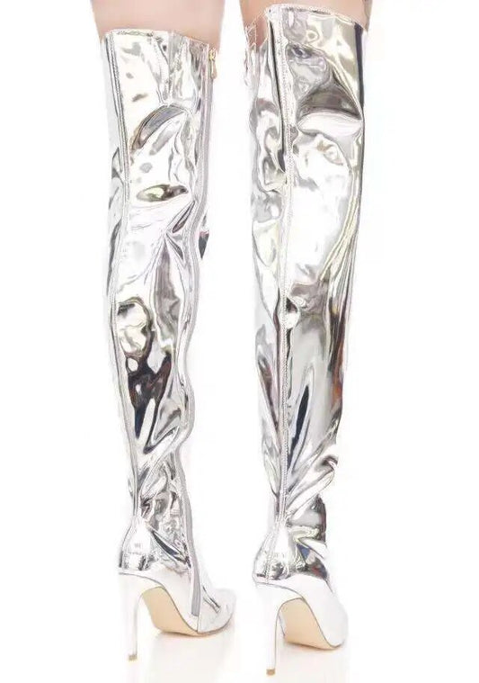 Mirror Platform Pointy Toe Over The Knee High Heeled Boots