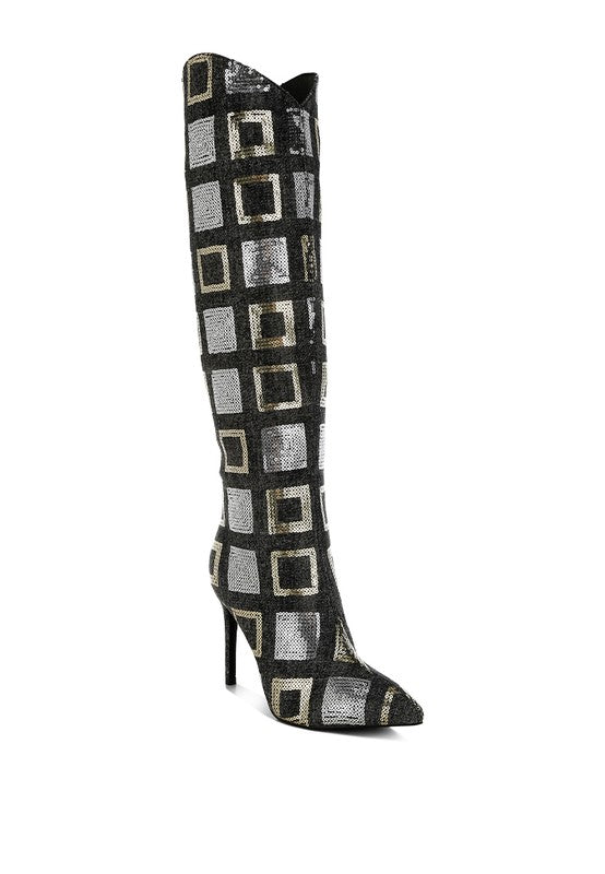 Sharmin Checkered Sequin Knee High Boots