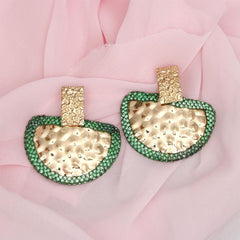 Drop Green Stone Bubbled Gold Semicircle Earrings