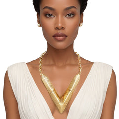 Bib Geometric Gold Wire V Chain Necklace Set