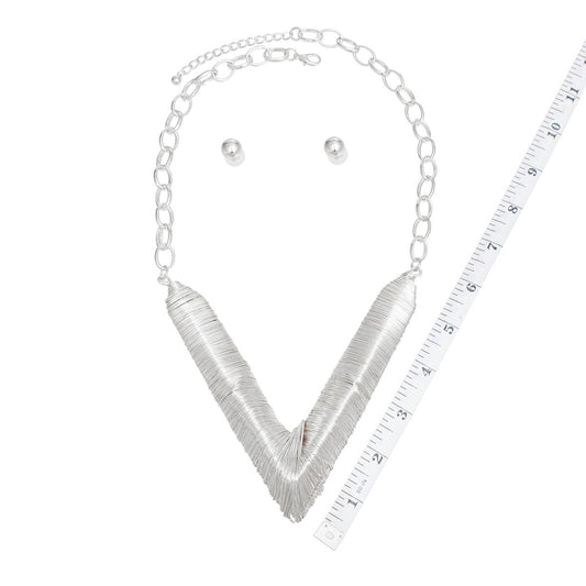 Bib Geometric Silver Wire V Chain Necklace Set