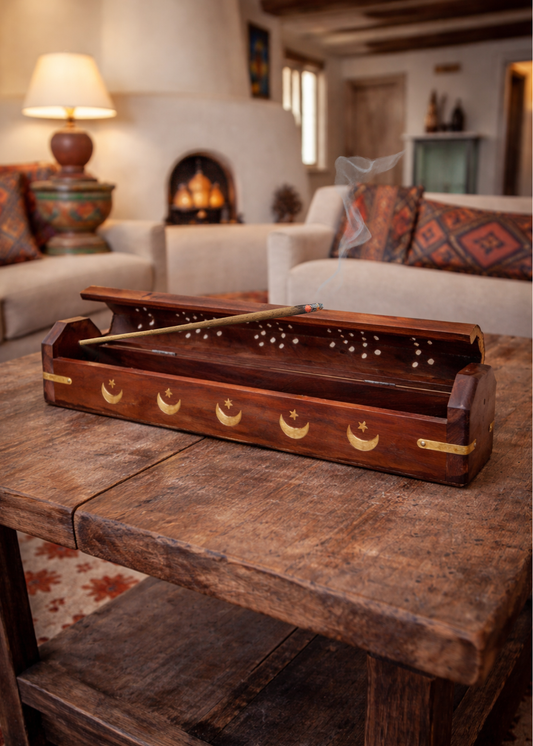 Brass Inlay Moon & stars Coffin Incense Burner