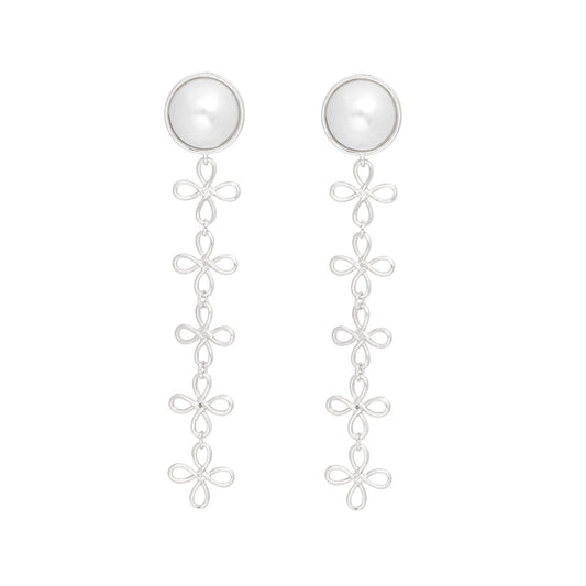 Dangle Dome Pearl Silver Looped Flower Earrings