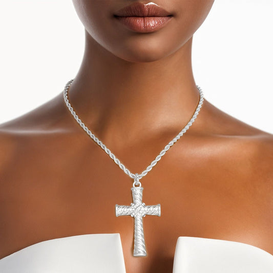 Necklace Silver Rope Chain Ridged Cross for Women